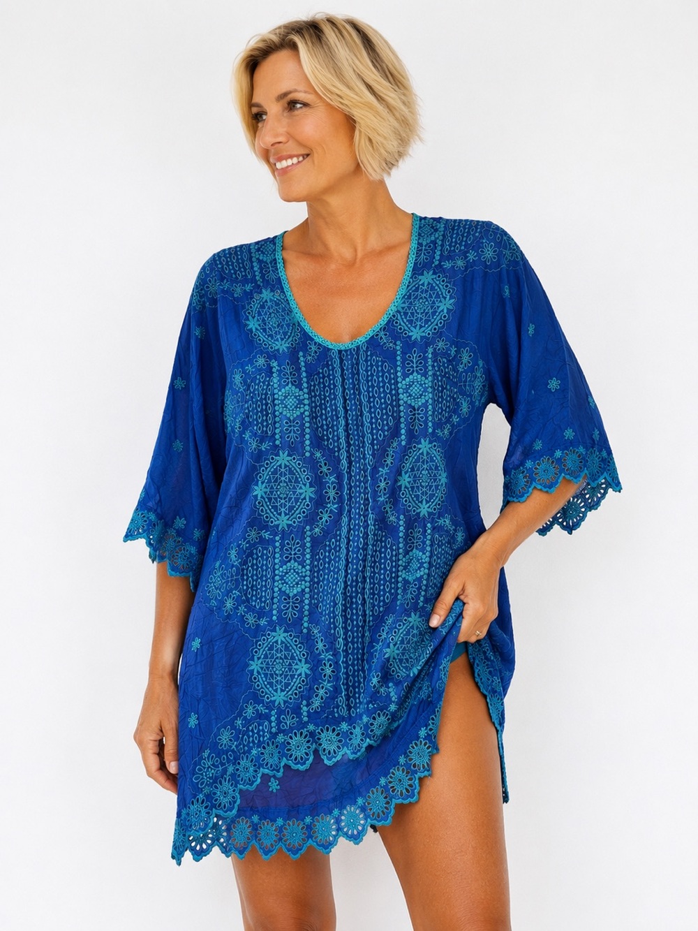 Cristina Embroidered Swim Coverup Tunic - Bamboo Blend - Crinkle Look - Preloved